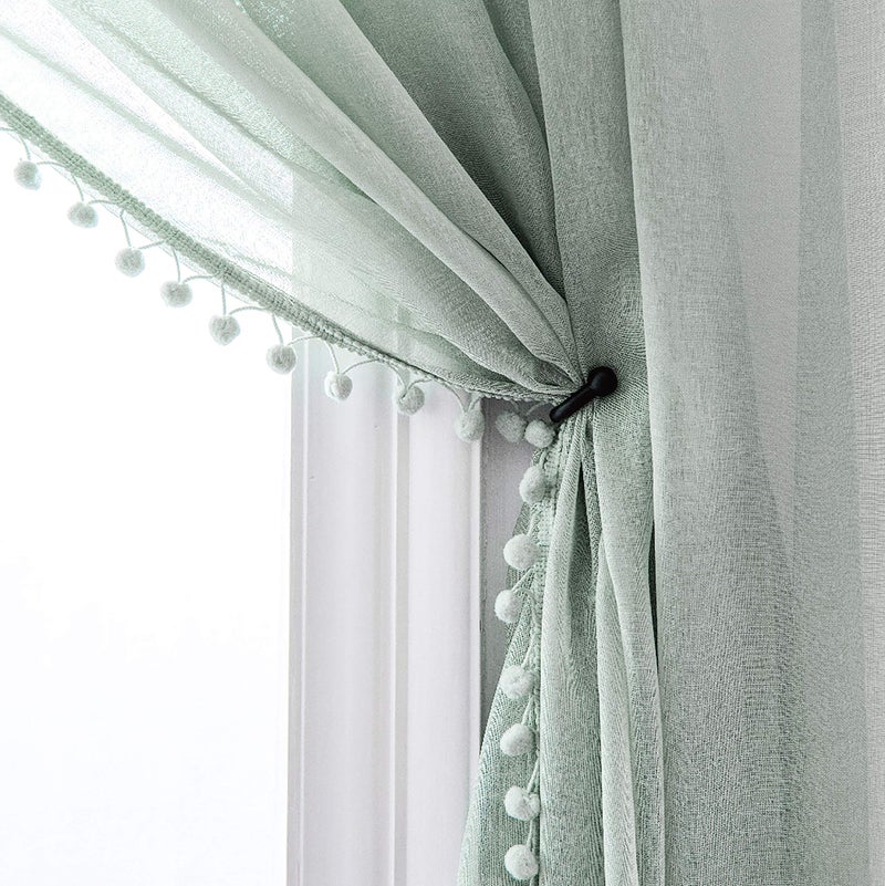 MISS SELECTEX Linen Look Pom Pom Tasseled Sheer Curtains - Rod Pocket Voile Semi-Sheer Curtains for Living and Bedroom, Set of 2 Curtain Panels (52 x 63 inch, Aqua) - Image 1